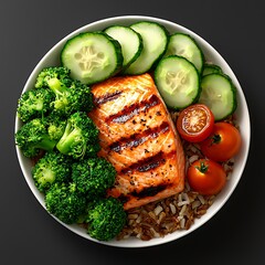 Grilled salmon bowl with brown rice, vegetables, and cucumber.