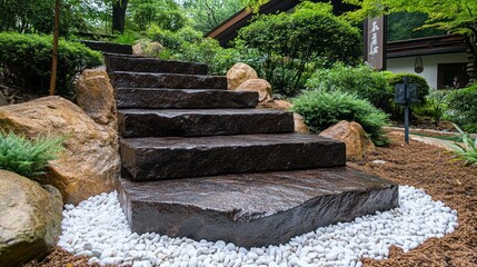 Rustic stone steps leading through a landscaped zen garden