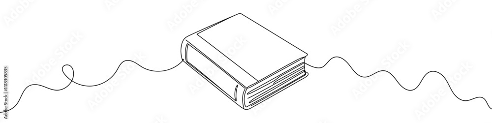 Poster book icon drawn with one line. black outline of a closed book made with a single continuous line.