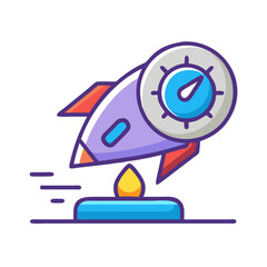 Cartoon rocket ship launching from platform illustration art