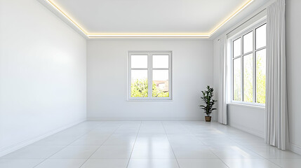 Obraz premium Empty White Room With Single Plant And Windows