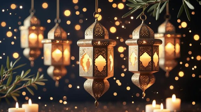 Muslim holy month celebration with illuminated lanterns, candles, and sparkling bokeh lights against a dark backdrop with an olive branch - Powered by Adobe