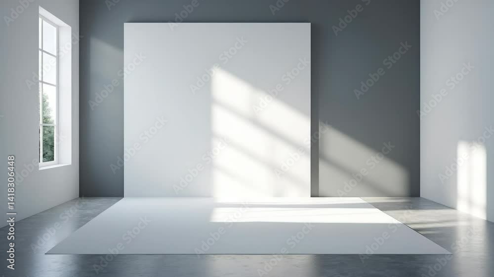 Poster wall interior background with studio and backdrops displaying products, featuring window shadow for 