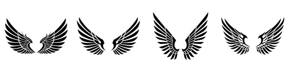 Wings icons. Black icons of various stylized wings isolated on white background.
