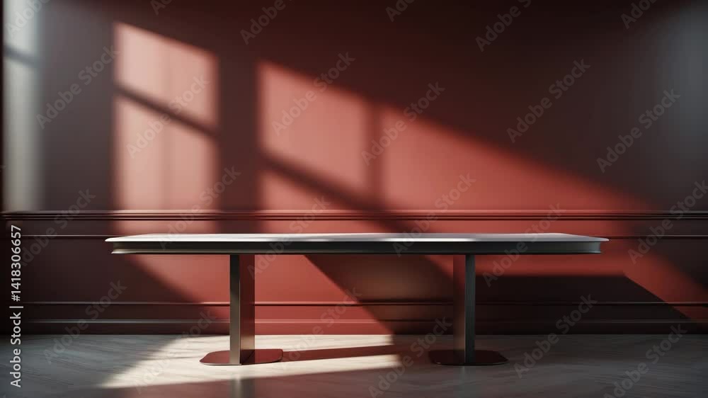 Poster empty table set against a dark wall with window light and shadow, suitable for mockups in various in