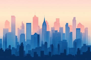 Naklejka premium City skyline silhouette with tall buildings against a pastel gradient sky.