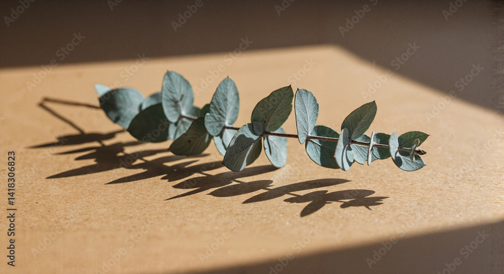Poster eucalyptus branch casting shadow on textured background