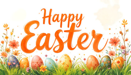 Colorful Watercolor Happy Easter Bunny and Eggs. for Easter cards, social media, greeting card, poster, brochure flyer. Easter greetings. orange Happy Easter text, colorful background