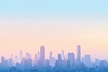 City skyline silhouette against a pastel gradient sky in soft focus.