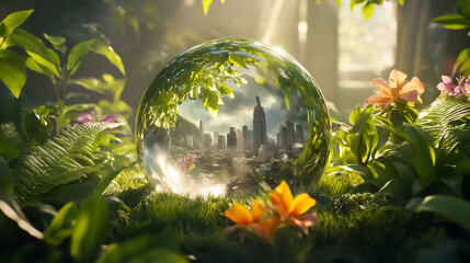 Reflections of urban life captured in a crystal sphere surrounded by vibrant greenery and blooming flowers