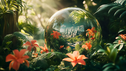 Exploring a magical bubble oasis revealing city life surrounded by vibrant tropical flowers and lush greenery during a sunlit afternoon