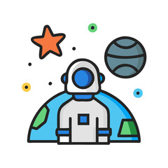 Cartoon Astronaut in Space, Planets and Star Icon