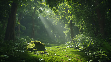 Enchanting forest glade with sunlight filtering through leaves and vibrant greenery all around