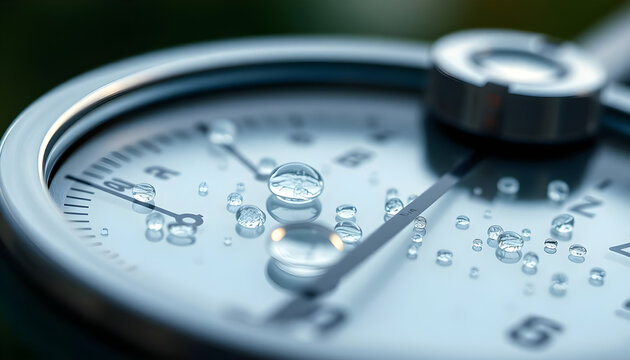 close up of a pressure gauge with drops of water on it