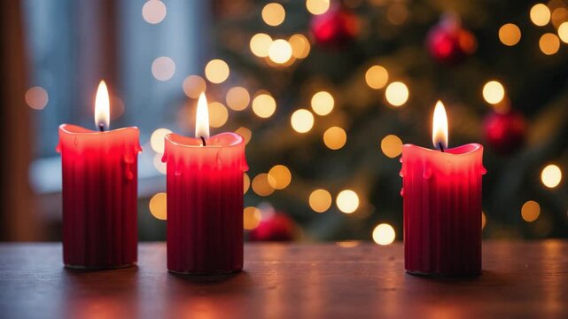 Red Advent candles against a blurred glowing background