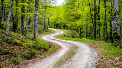 Fototapeta premium Scenic Winding Dirt Road Through Lush Spring Forest
