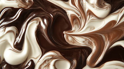 Swirling patterns of rich chocolate and cream create an enticing dance of textures and colors in a delightful culinary creation