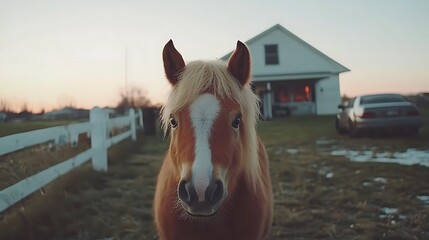 A brown horse faces the camera near a white farmhouse.