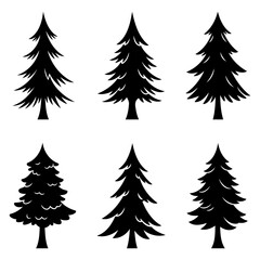 Christmas tree icons. Black christmas tree icons isolated on white background.