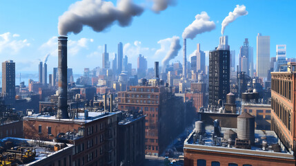 Vibrant skyline of a bustling city on a bright day with billowing smoke rising from industrial buildings