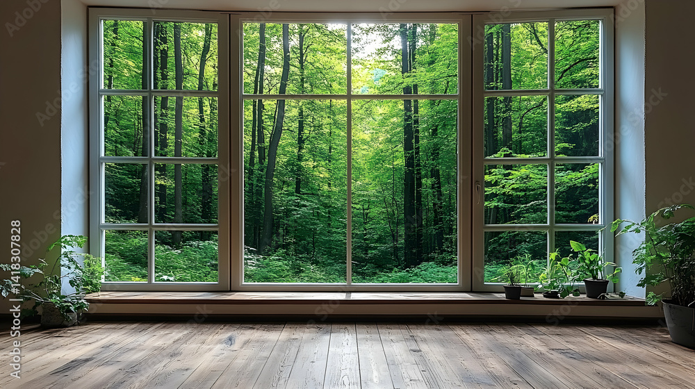 Poster serene view of a lush forest seen through a large window from inside a rustic room with wooden floor