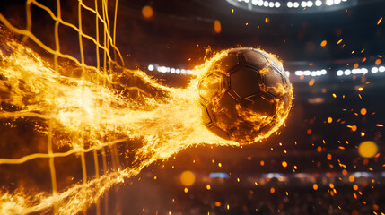 Explosive moment of a flaming soccer ball soaring into the net during an electrifying match in a vibrant stadium