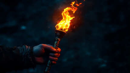 Holding a flaming torch in the dark wilderness, a glimpse of adventure and mystery ignites the evening air