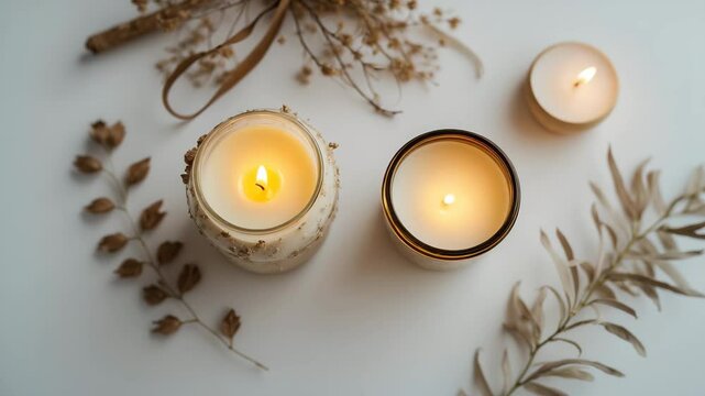 Two solitary candles burning in an amber glass jar and a cream-colored tea light, decorative lifestyle design elements on a white background, top view, flat lay