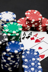 Casino chips and cards on the table. Gambling concept