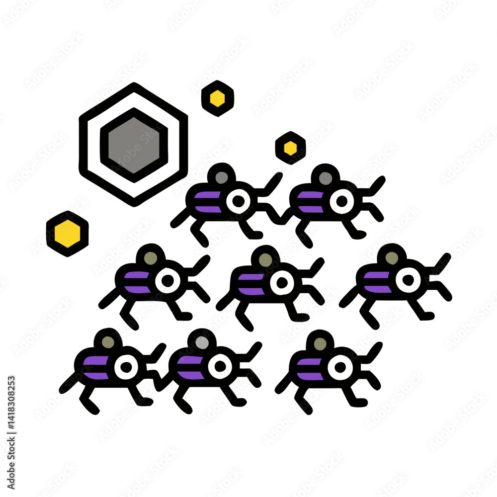 Poster abstract data pyramid with hexagons and figures on black