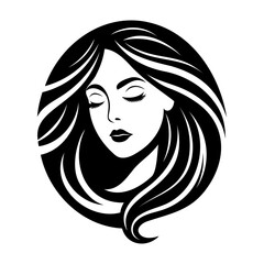 Woman face with long hair icon. Black and white stylized illustration of a woman's face