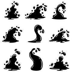 Water splash icons set. Black silhouettes of various water splash shapes with droplets