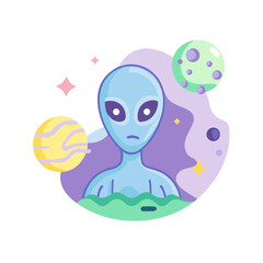 Friendly Alien in Space with Planets and Stars