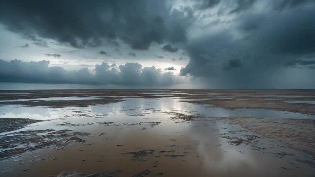 Wide-angle view of a stormy sky with wispy clouds over mudflats at high tide