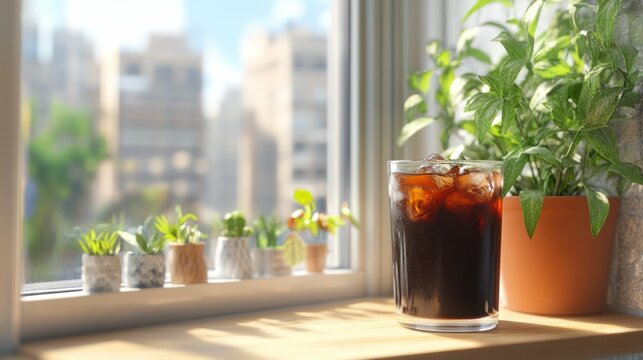Iced coffee on a windowsill with plants, city view, calming ambiance. - Powered by Adobe