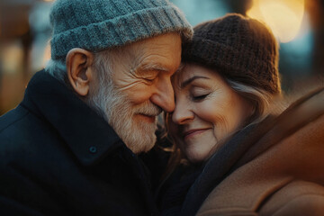 Elderly couple in love. Senior husband and wife hugging and bonding with true emotions