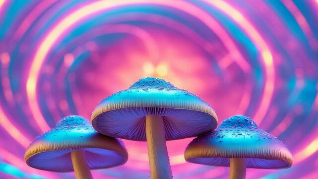 Colorful pink backdrop with mushrooms and themes of cosmic consciousness and microdosing