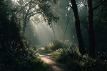 Fototapeta premium A tranquil path meanders through a misty forest, bathed in ethereal sunlight. Nature's beauty on display in a serene landscape.