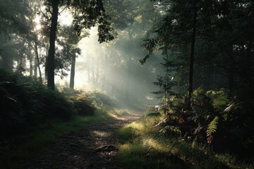 Fototapeta premium Sunbeams pierce a misty forest, illuminating a narrow path winding through lush greenery, creating a tranquil and enchanting scene.