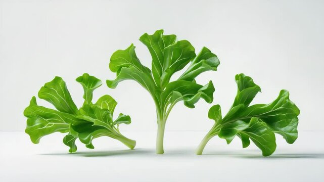 Set of three different foreshortenings of single green salad leaf isolated over background