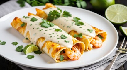 Tasty shrimp enchiladas topped with creamy sauce and cilantro served with fresh lime wedges on a white plate