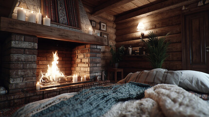 A rustic and warm cabin-style bedroom featuring a stone fireplace, cozy blankets, and a relaxing ambiance, ideal for winter retreats or mountain getaway visuals.
