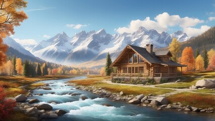 A picturesque landscape featuring a tranquil river flowing through a valley, flanked by lush greenery and autumn-colored trees