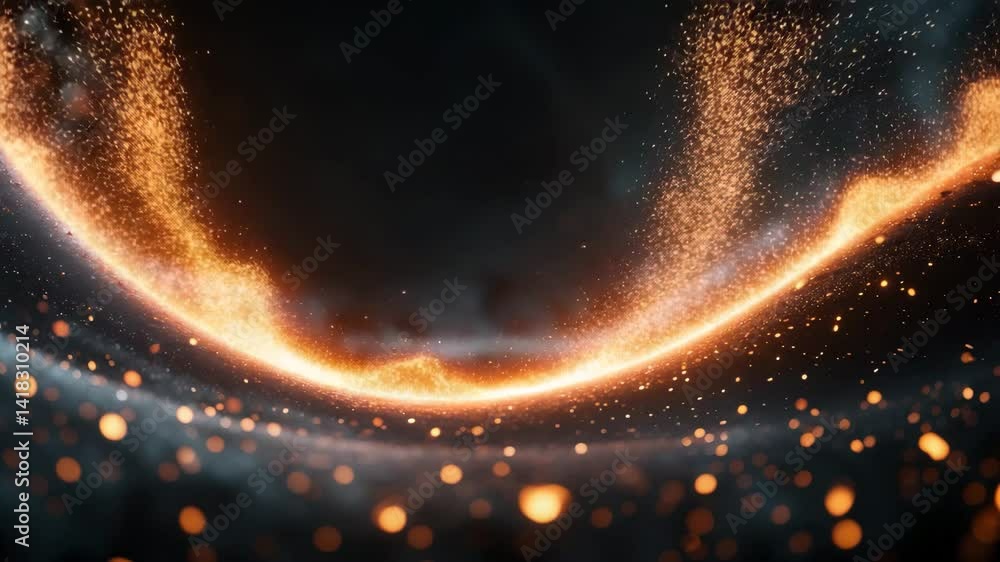 Poster fire embers particles against a black background creating an abstract glittering frame.