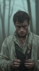 A grim, determined figure embodies desperation in a misty forest.