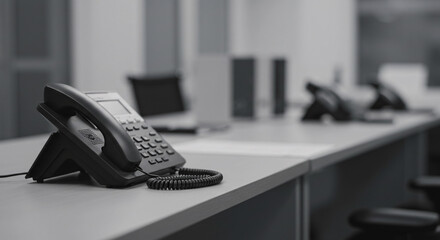 Modern Office Desk with Telephone and Headset &ndash; Customer Service Workspace Concept

