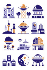 Cartoon Future Cityscape Illustrations, Modern Structures, Space Theme