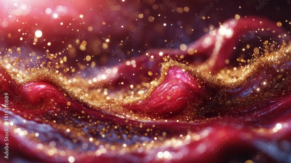 Poster golden dust particles sparkling in a fluid creating a magical galaxy effect