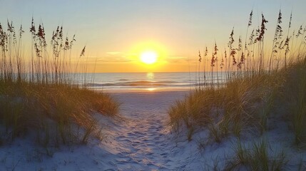 Fototapeta premium Serene Beach Sunset Golden Hour Peaceful Ocean View Tropical Grass Landscape Tranquil Summer Vacation Idyllic Seascape Beautiful Nature Scene Relaxing Coastal Path Sandy Beach Sunrise Scenic Seashore 