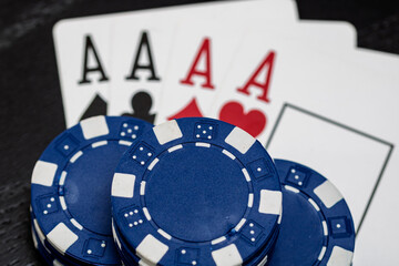 Casino chips and cards on the table. Gambling concept